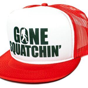 Gone Squatchin' Flat Funny trucker Cap Hat Big foot Red/White